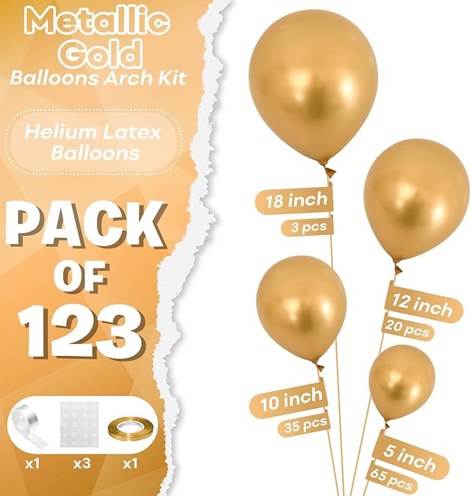 Togvu Metallic Gold Balloons Different Size, 123 Packs Gold Balloons Arch Kit, Pack of 18 12 10 5 Inch Chrome Gold Balloons Garland for Birthday Party Graduation Wedding Holiday Balloon Decoration