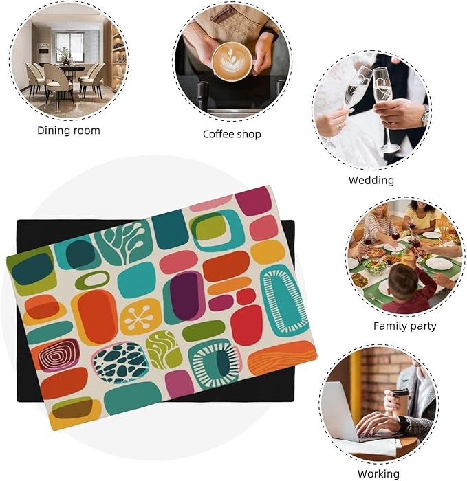 Mid Century Colorful Modern Placemats Set of 4,Kitchen Table Mats for Dining Outdoor Home Decor 12x18 Retro Place Mats 4 PCS, Style-15