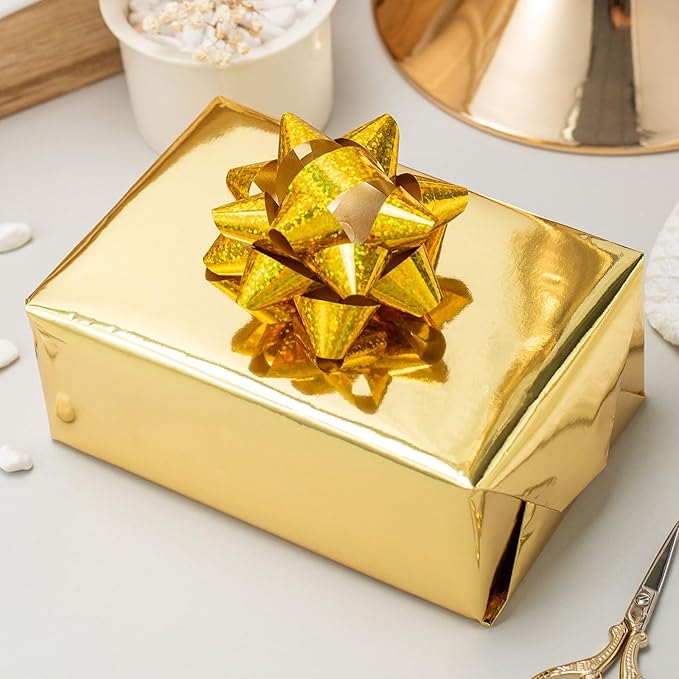 Merture Gold Wrapping Paper Roll - 17 In X 32.8 Ft(46.5 sq.ft.) Metallic Gold Solid Color Gift Wrap with Grid Cutting Lines for Christmas, Wedding, Birthday, Valentines Day, Mothers Day, Baby Shower