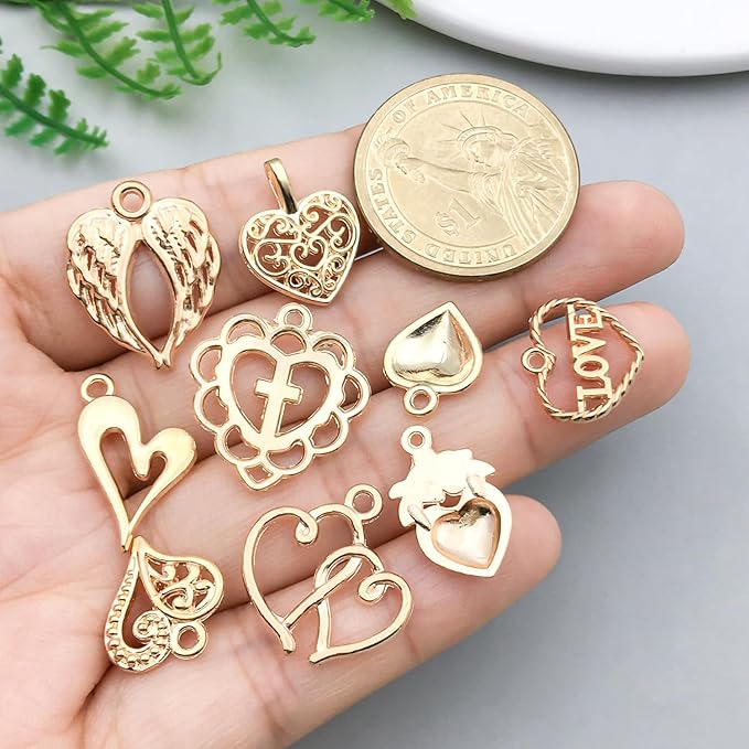 WOCRAFT 60pcs KC Gold Heart Valentine's Day Wedding Charms Bracelet Charms for Jewelry Making Sets DIY Necklace Bracelet Keychain Crafting Charms Kit Craft Supplies (SN920)
