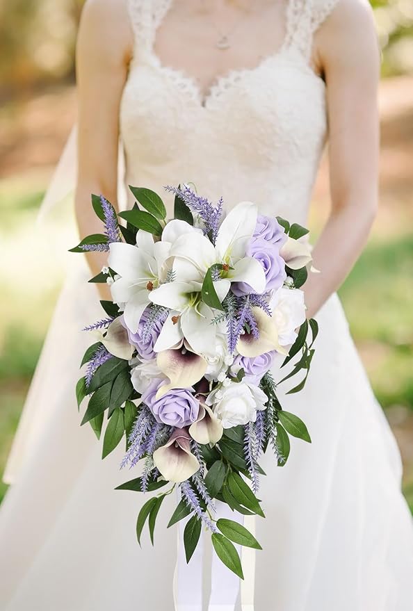 Wedding Bouquet,11 Inch Bridal Bouquet Cascading Wedding Bouquets for Bride for Wedding Ceremony and Anniversary(Lilac & White)