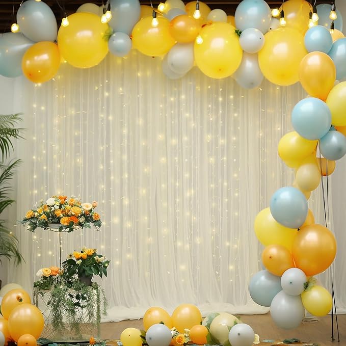 10x10ft Ivory Tulle Backdrop Curtain with Lights String for Parites, Sheer Backdrop Curtains for Wedding Baby Shower Birthday Party Photo Shoot Decorations