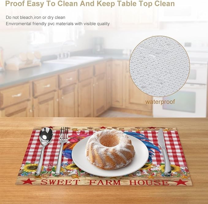 Rooster Placemats,Farm Vintage Rustic Farmhouse Lattice Sunflower Flower Chicken Animal Print Washable Fabric Placemats Table Kitchen Dining Party 12x18 Inch Set of 6