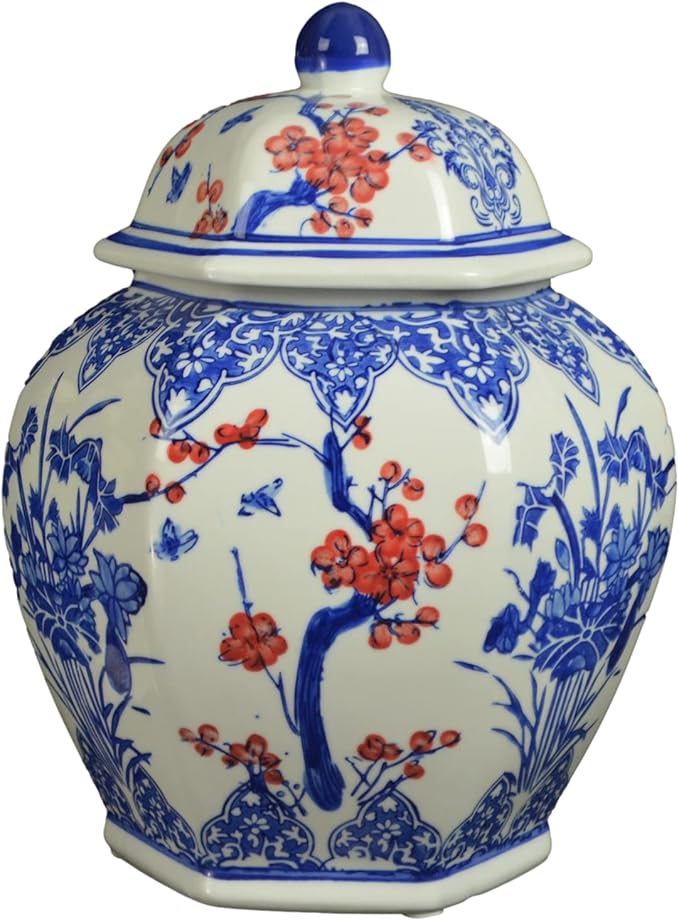 Festcool Blue and White Porcelain Ceramic Covered Floral Jar Vase, Food Container Storage Lotus Plum Blossoms,(J23), 12 inch