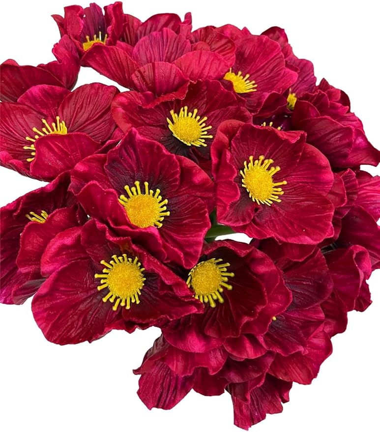 14Pcs Real Touch Anemone Poppy Bouquet for Artificial Flower Decor Kitchen Table Centerpiece Vase Home Greenery Wedding Holding Flowers Backdrop Arch Wall (Wine Red)