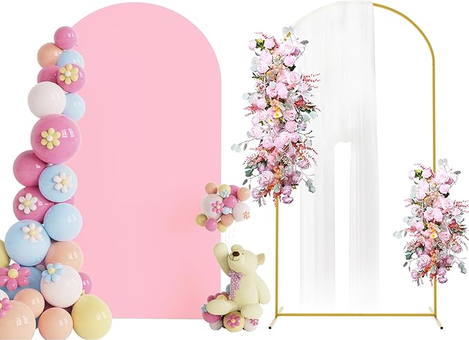 Putros 7.2ft Metal Arch Stand with Cover Pink Spandex Fitted Wedding Arch Cover and Round Top Chiara Backdrop Stand Set for Birthday Party Baby Shower Decoration