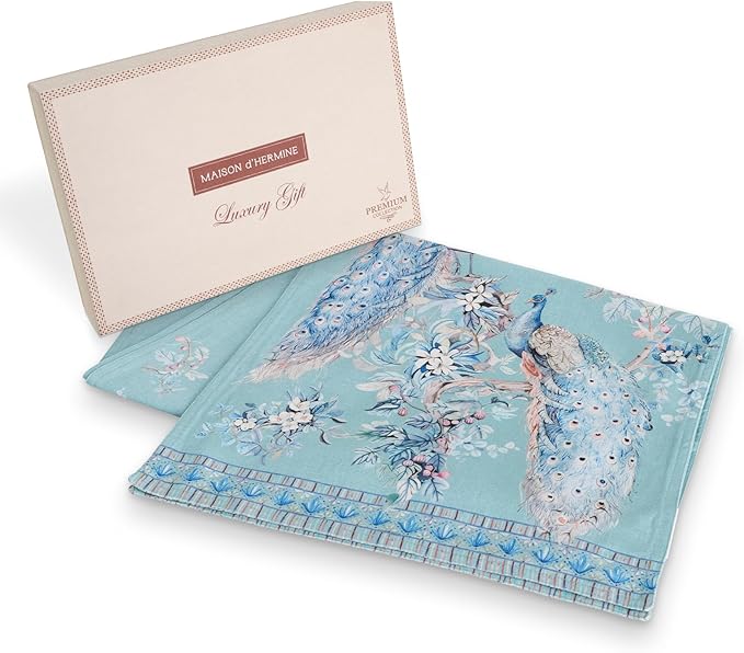 Maison d' Hermine Tablerunners 100% Combed Cotton Premium Table Runner Decorative Table Cover, Home, Kitchen, Peacock Utopia - Pastel Turquoise, Double Layer - (14.5"x72")