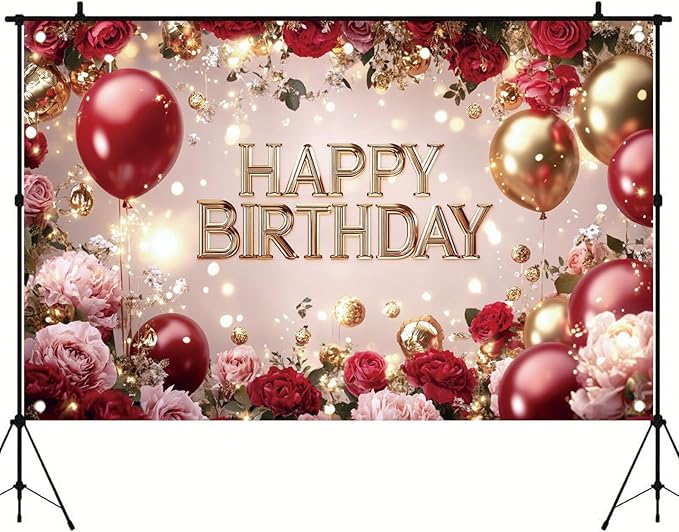 Red and Gold Happy Birthday Backdrop Banner Elegant Roses Balloons Photography Background Birthday Party Decorations Photo Booth Props Supplies 71x43 Inch
