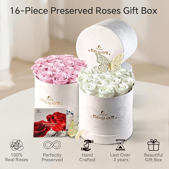 16 Roses in a Box, Preserved Flowers Gifts for Women, Forever Flowers for Delivery, Flower Birthday Gifts Box for Her, Eternal Flowers Rose Gifts for Mom, White