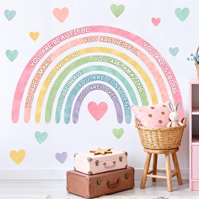 Large Rainbow Wall Stickers Kids Inspirational Wall Decal for Girl Bedroom Peel and Stick Watercolor Rainbow Wall Decals Pastel Pink You are Decor Vinyl Positive Art Murals for Baby Bedroom Playroom