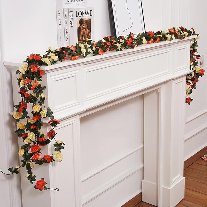 10 Pcs 82FT Flower Garland, Artificial Rose Garland Flowers Plants Fake Flower Hanging Rose Ivy, Birthday Party Valentine's Day Wedding Wall Arch Decor（Orange）