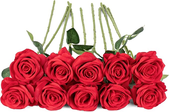 Flojery 10pcs Red Silk Roses Artificial Rose Flowers Long Stem for DIY Wedding Bouquet Table Centerpiece Home Décor