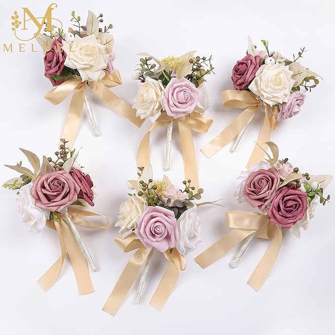 Meldel Set of 6 Wedding Flowers Fake Rose Mini Bridesmaid Bride Bouquets Dusty Pink Ivory Small Floral Wedding Centerpieces Decor Artificial Flower Arrangements for Tables Home Party Decorations