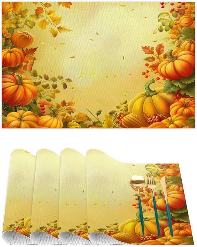 Thanksgiving Fall Yellow Pumpkin Placemats Set of 6 PVC Vinyl Non Slip Table Mats Heat Resistant Place Mats Washable Wipeable Dining Table Mat for Kitchen Decor Party Indoor Outdoor Decorative Gift