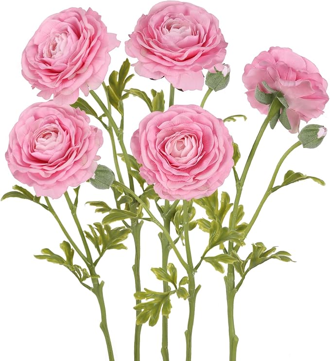 Faux Ranunculus 5PCS Real Touch Flowers Pink Peonies 21.6” Pink Ranunculus Long Stem Artificial Flowers for Tall Vase for Weddings Bridal Bouquet Baby Shower Decorations