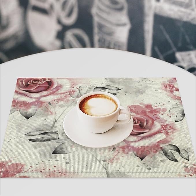 Rose Placemats Set of 6, 17x12 Inch Vintage Romantic Floral Pink Rose Gray Leaf White Table Mats for Home Party Kitchen Dining Decor