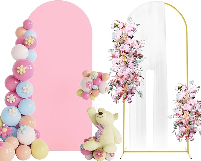 Putros 6ft Metal Arch Stand with Cover Pink Spandex Fitted Wedding Arch Cover and Round Top Chiara Backdrop Stand Set for Birthday Party Baby Shower Decoration