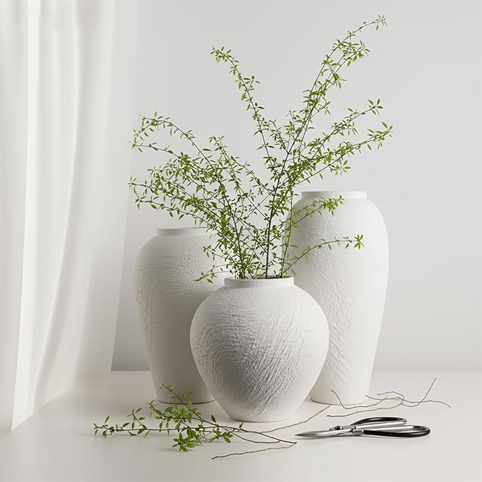 Vintage Ceramic Vase, Minimalist Texture Stone Patterned White Flower Vase, Decorative Vase for Living Room Shelf Farmhouse Dining Table Centerpiece Decor (White Texture 7.9'')