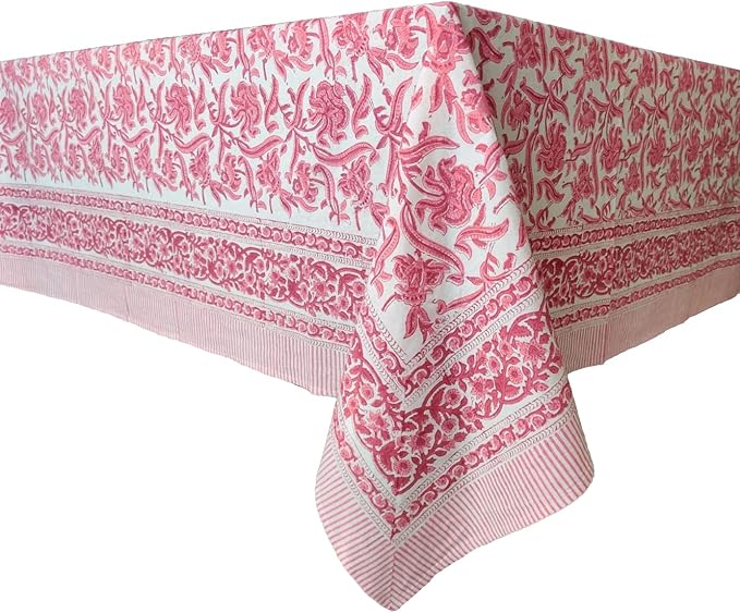 ATOSII Red Bloom 100% Cotton Tablecloth, Handblock Print Square Table Cover for Kitchen Dining I Tabletop Linen I Parties, Wedding, Spring SummerTable Cloth 60 X 60 Inches