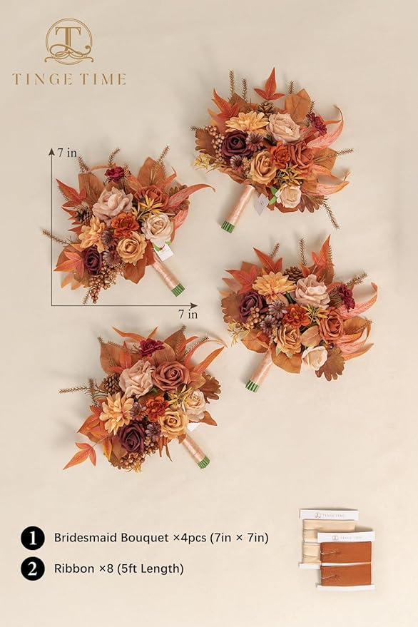 TINGE TIME 7 Inch Wedding Bouquets for Bridesmaid, Set of 4, Artificial Flowers Cascading Bridal Bouquet for Fall Wedding Ceremony Anniversary Bridal Shower and Rustic Vintage Wedding (Maple Red)