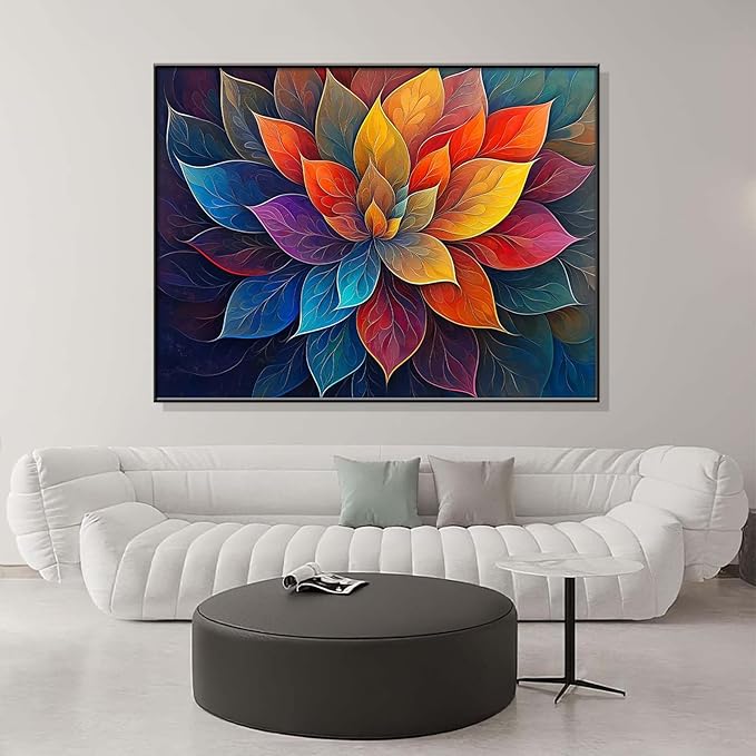 Colorful Flower Canvas Wall Art, Abstract Floral Canvas Prints, Lotus Blossom Pictures Wall Decor, Zen Painting, Yoga Studio Wall Decor (Gold Framed, 31"Wx23"H/80x60cm)