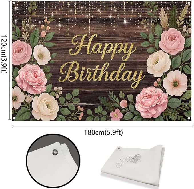 Wooden Floral Birthday Backdrop Pink and Gold Rustic Wood Birthday Party Background Girls Women Cake Table Favors Flowers Bday Cake Smash Photo Booth Banner with Copper Grommet