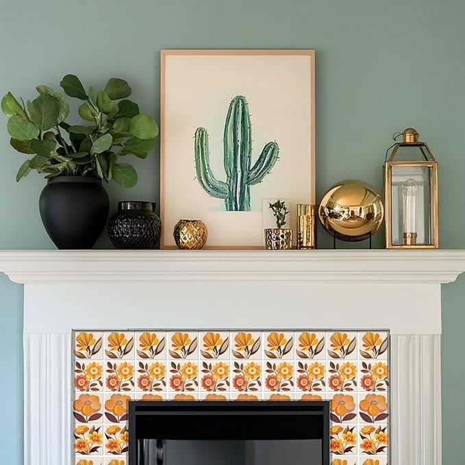 CHGCRAFT 36 Pcs 4 Style Wall Stickers Orange Flowers Peel and Stick Wall Tile Sticker Art Flowers Waterproof Self Adhesive Stick on Tile Decals for Kitchen Bathroom Art Decor, 4×4 Inch