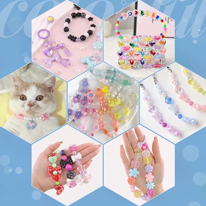 Assorted Acrylic Beads, 400-450PCS 6 Mixed Colors Cute Beads for Bracelet Making, GummyBear Bow Flower Kawaii Charms for Jewelry Making DIY Necklace Keychain Phone Charm Christmas Gift