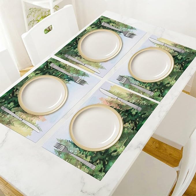 Green Forest Placemats Set of 4,Watercolor Tree Spring and Summer Kitchen Living Room Table Decor Dinner Mat 12x18 Inch 4 PCS, Style-8