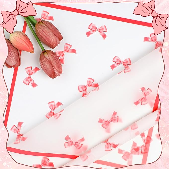 Liobelon 20 Sheets Flower Wrapping Paper Waterproof Bouquet Paper with Bow Pattern Gift Wrapping Paper for Flower Shop, Wedding, Birthday Party, Handmade DIY, Anniversary 22.8 x 22.8 Inch (Bow - red)
