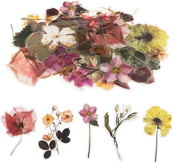 Natural PET Flower Stickers for Scrapbooking - Vintage Nature Plant Craft Sticker, Colorful Small Clear Floral Decal for Journaling (Style D)