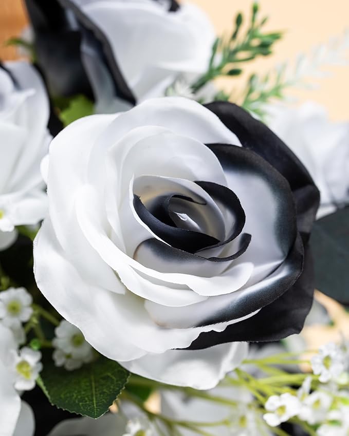 DuHouse 10pcs Fake Roses Artificial Silk Flowers Faux Rose Flower Long Stems for Arrangement Wedding Centerpiece Home Kitchen Decor(Black White)