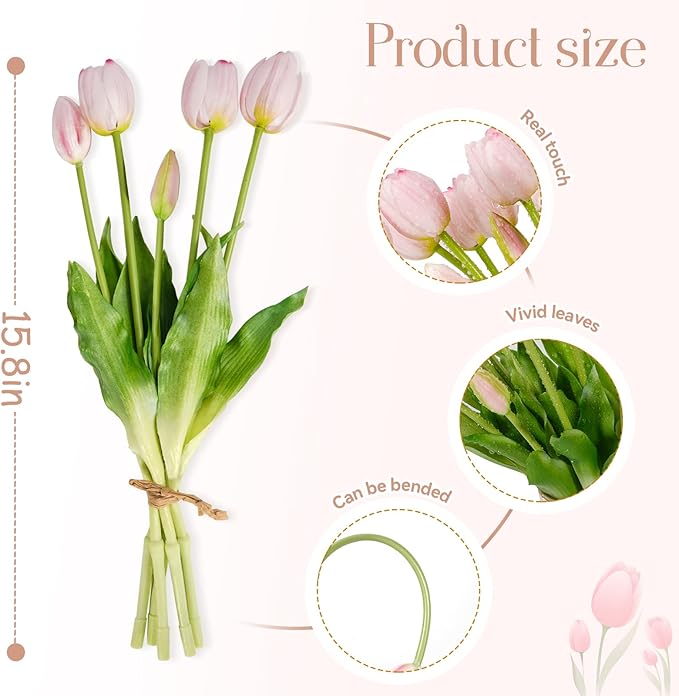 15Pcs Fake Tulips Artificial Flowers Real Touch Latex Bouquet Faux Tulips for Centerpiece Arrangements Wedding Party Home Décor (Light Pink)