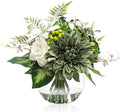 Artificial Flowers in Vase with Fake Water, Silk Rose Dahlia Lily Flowers Bouquet with Glass Vase for Home Birthday Party Wedding Dinning Table Office Hotel Decor Gift (Green & White Mixed)