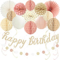 Boho Pink Happy Birthday Decorations, Pre-Strung Happy Birthday Banner with Honeycomb Balls, Paper Flowers, Lanterns, Fans, Hanging Swirls, Circle Dots Garland for Birthdays Party Decorations 24pcs