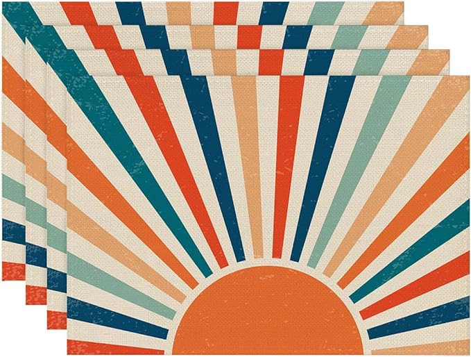 Placemats Set of 4 Retro Colourful Sunrise Place Mats Washable Table Dinner Mats Linen Table Mats for Kitchen Dining Party Home Kitchen Decor 12x18 Inch