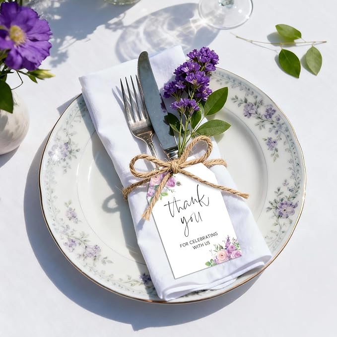G2PLUS 50PCS Thank You Gift Tags with Twine, 3.3X2.2In Purple Floral Paper Tags for Wedding Favors, Baby Shower, Bridal Shower, Party Decorations