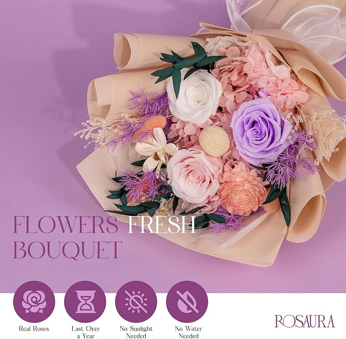 Rosaura Preserved Flowers Bouquets, flowers for Delivery Prime, Forever Roses Bouquets Valentine's Day, Mother's Day, Christmas, Birthday Gifts (Pink)