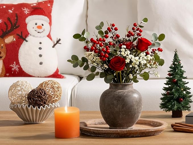 Ceramic Flower Vase, 6.7 Inch Rustic Farmhouse Decorative Vase Pottery Pampas Grass Vases for Home Decor Table Living Room Entryway Mantel Bookshelf Bedroom Bathroom Kitchen - Brown