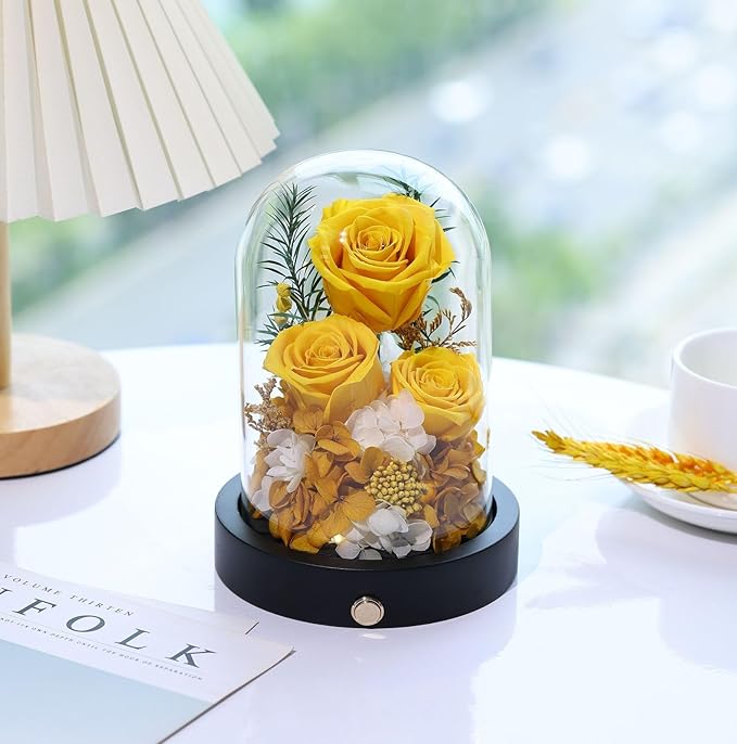 Flowers for Delivery, 3 Yellow Forever Roses in Glass Dome with LED, Preserved Real Rose, Valentines Day Anniversary Birthday Mothers Day Flower Gifts for Mom Her Women Wife Mother