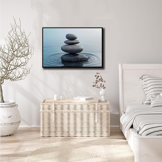 Zen wall art Harmonious grey stones stacked on a calm surface of water Serene Zen decor suitable for tranquil homes and spaces of meditation 20x30in Metal blackFramed
