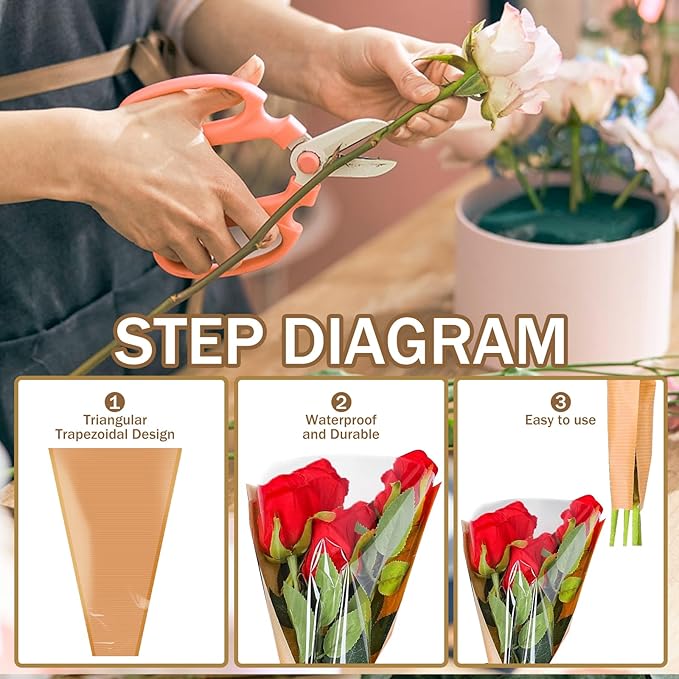 XABMU Flower Bouquet Bags - 100 Pack Kraft & Clear Floral Wrapping Sleeves for Wedding, Graduation, Mother’s Day Gifting & Florist Supplies