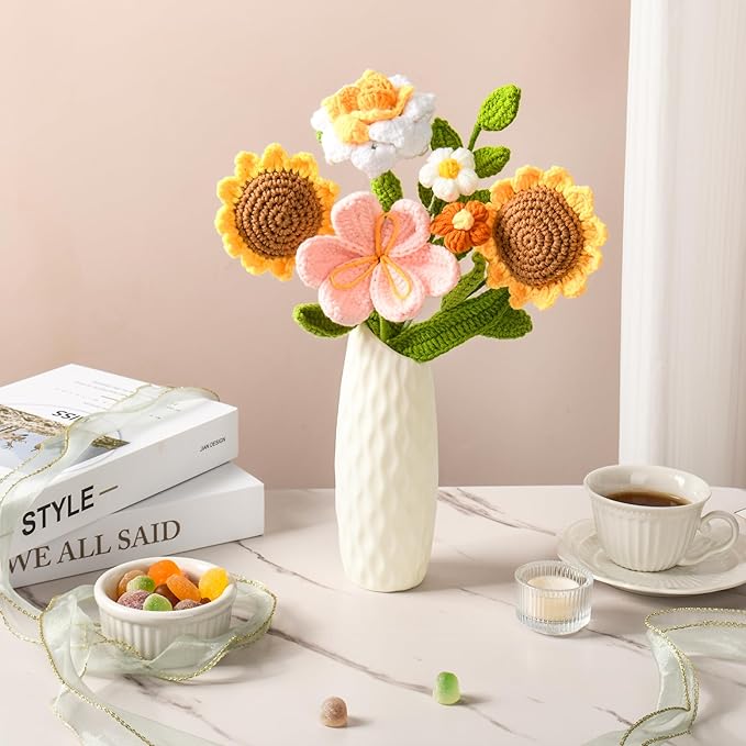 Crochet Flower Bouquet Handmade Crochet Flowers Gifts, Crochet Tulips Sunflowers Roses 7Pcs for Mothers Day Weddings Birthdays Home Decor Ideal for Women Moms Wife Friends(Orange)