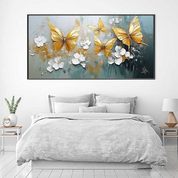 Butterfly Canvas Wall Art, Butterfly and Flower Wall Decor, Butterfly Prints, Abstract Textured Canvas Wall Art, Artwork for Walls, Oil Painting Wall Art, Wall Decor Living Room (Gold Frame, *47"x23"|120x60cm)