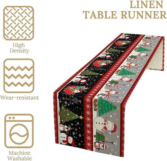 Christmas Table Runner,Cartoon Snowman Tree Xmas Deer Elk Santa Claus Print Tablecloth Burlap for Hotel Indoors Outdoor Dining Room Kitchen Home Decor,W13X L70 in
