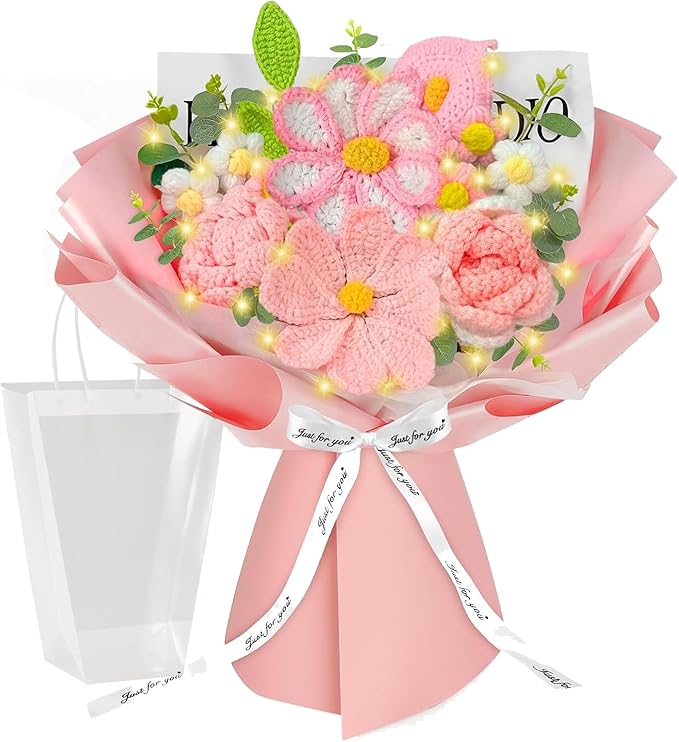 Crochet Flower Bouquet, Pink Knitted Flowers, Handmade Crochet Roses Calla Lily Gasang for Lover Anniversary Birthday Party Mother's Day Graduation Gifts (Pink)
