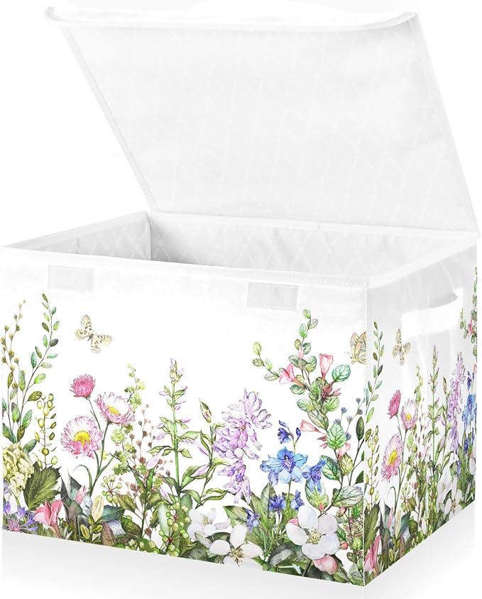 senya Spring Storage Baskets Collapsible Storage Bins with Lids, Spring Wild Flowers Butterfly Storage Boxes Clothes Baskets for Organizing