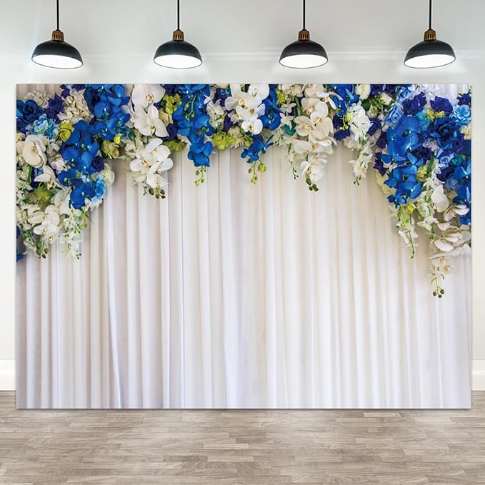 20x10ft White Wedding Backdrop White Blue Floral Flowers Photography Background Bride Groom Ceremony Party Bridal Shower Banner Decorations Engagement Proposal Portrait Photo Booth Prop
