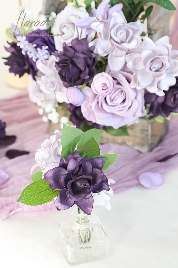 Floroom Artificial Gardenia Flowers 2.7" 25pcs Real Looking Lilac & Purple Foam Fake Flowers with Stems for DIY Wedding Bouquets Bridal Shower Centerpieces Floral Arrangements Party Tables Decorations