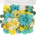 TINGE TIME Artificial Flowers Combo Set Teal Blue & Yellow Flowers Mix Silk Flowers Roses with Stem for DIY Wedding Bridal Bouquets Baby Shower Floral Arrangement Table Centerpieces Home Decorations